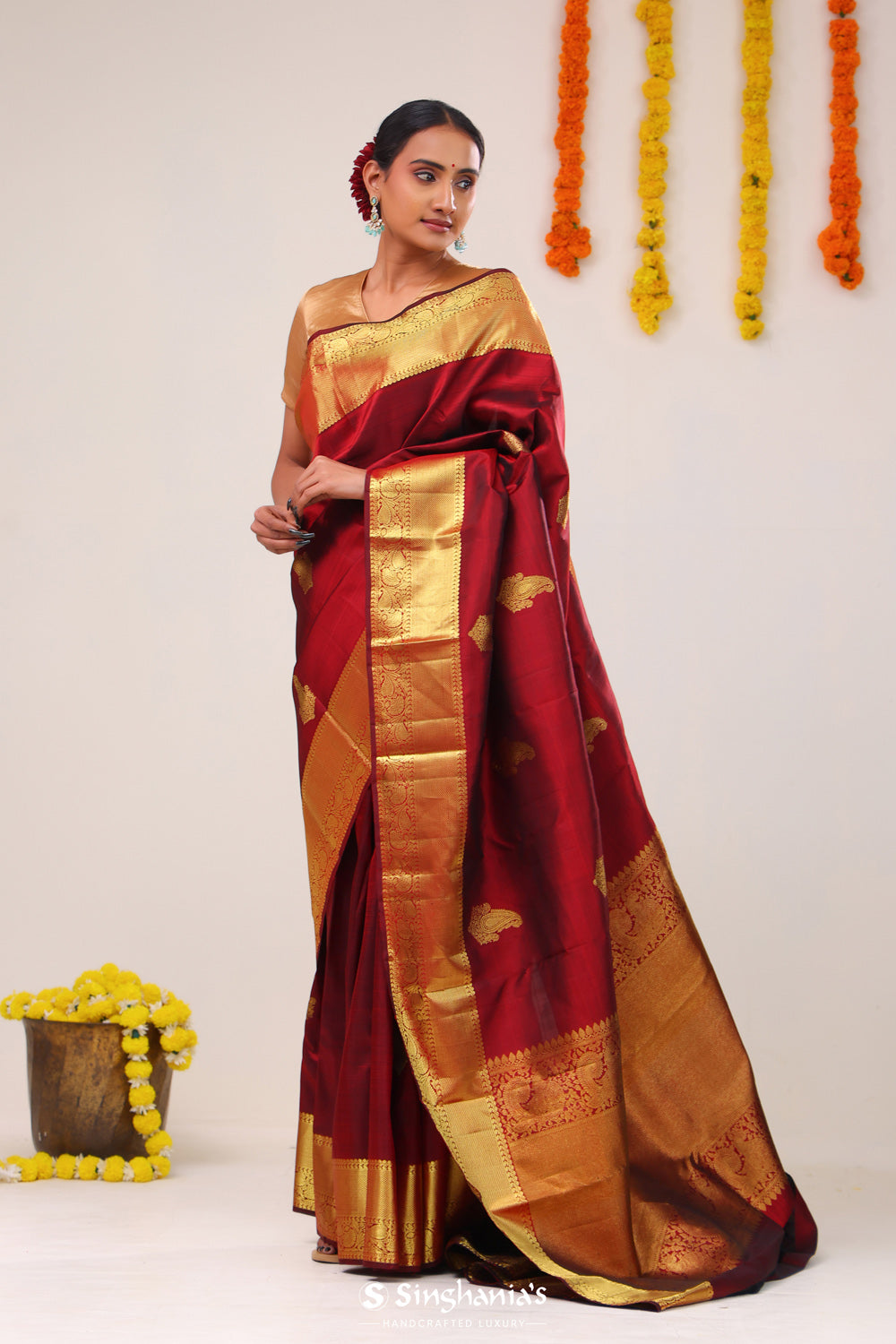 Classic Maroon Paisley Kanjivaram Silk Saree