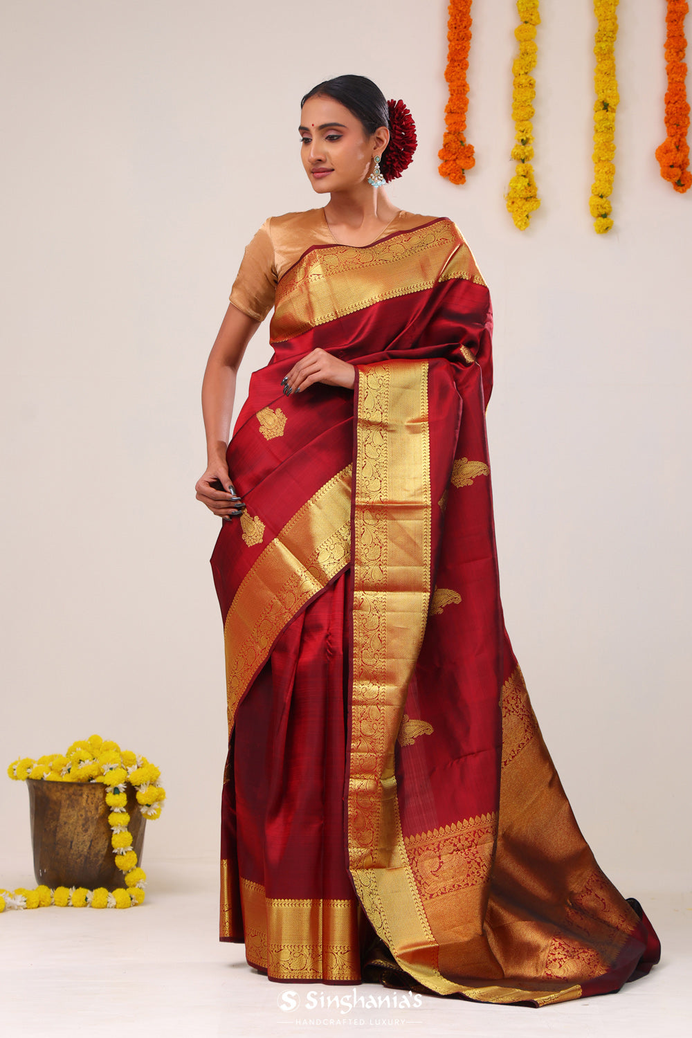 Classic Maroon Paisley Kanjivaram Silk Saree