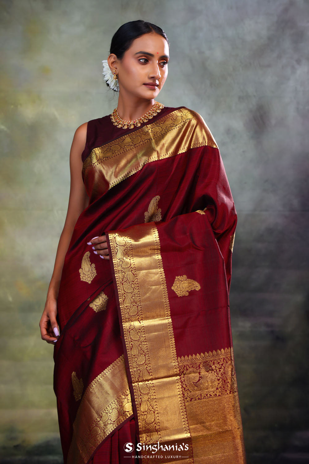 Royal Maroon Butta Kanjivaram Silk Saree