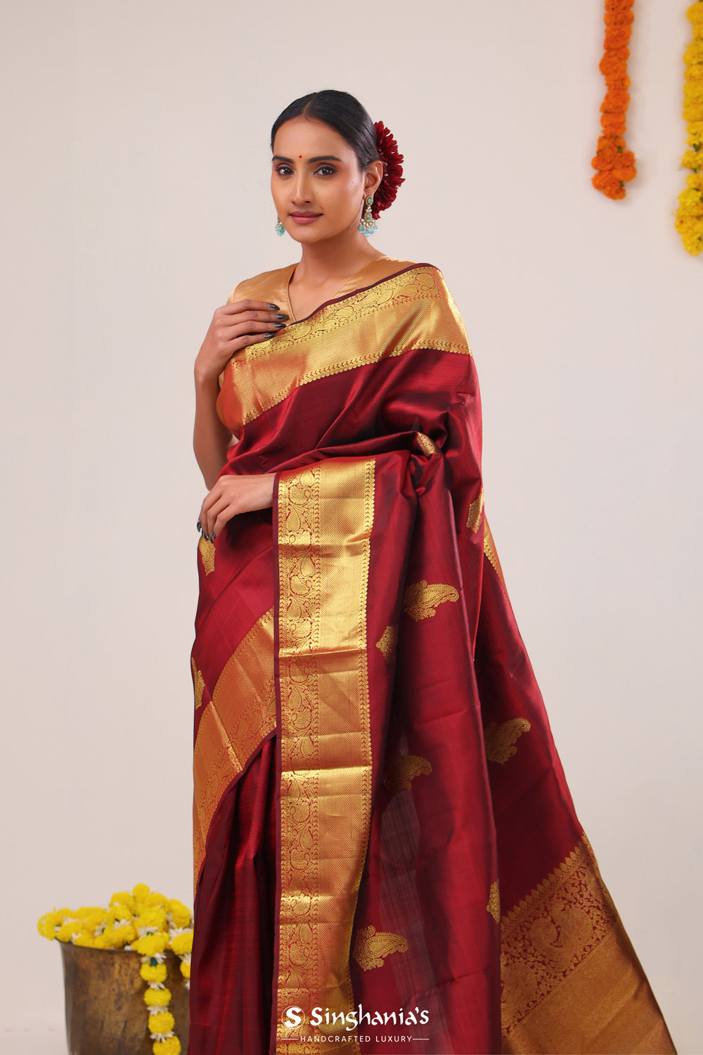 Classic Maroon Paisley Kanjivaram Silk Saree