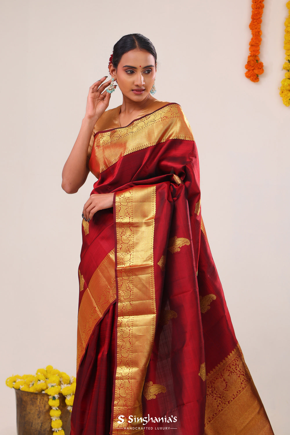 Classic Maroon Paisley Kanjivaram Silk Saree