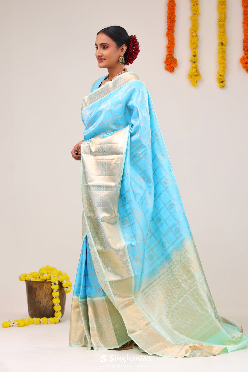 Electric Blue Checks-Mayil Kanjivaram Silk Saree