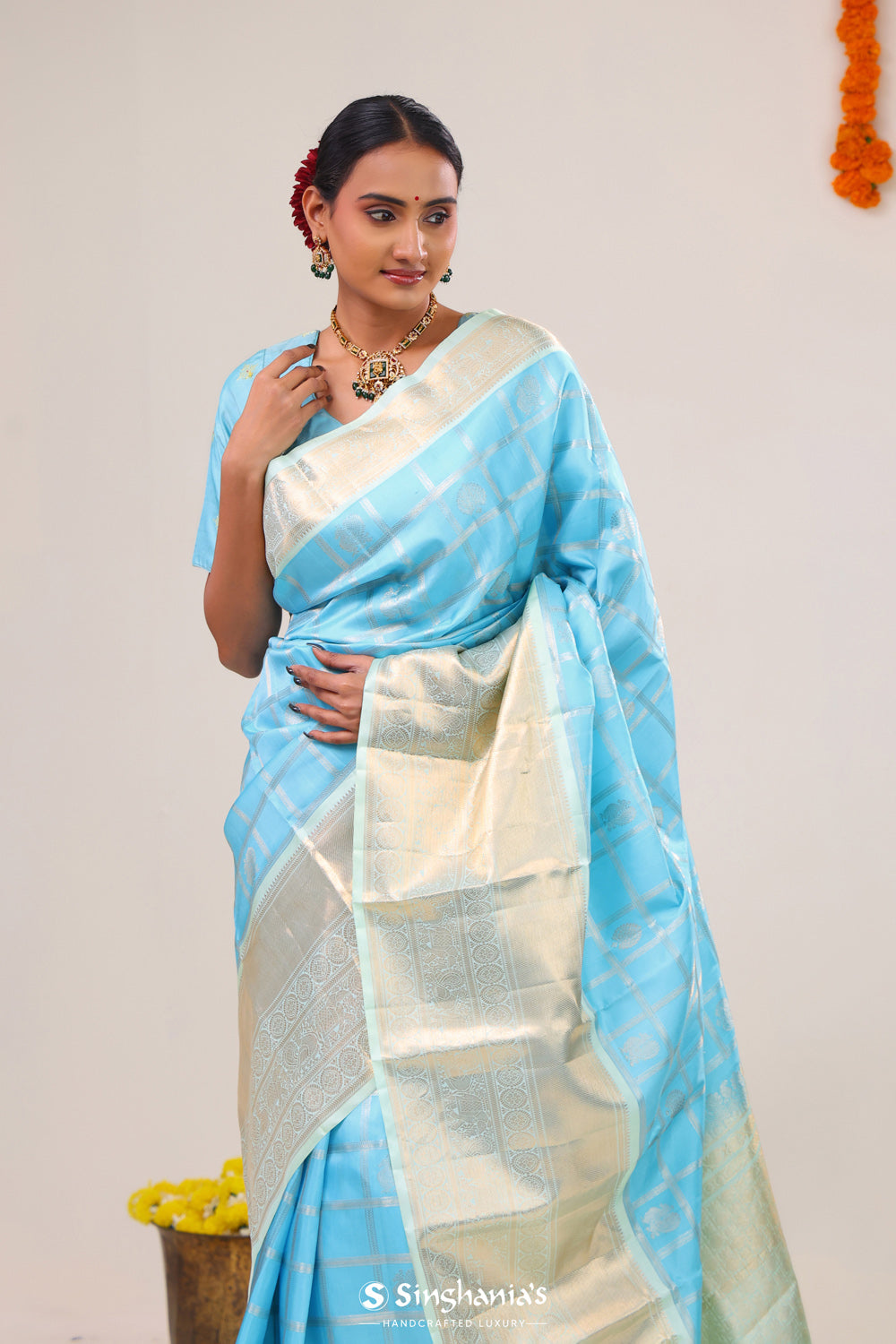 Electric Blue Checks-Mayil Kanjivaram Silk Saree