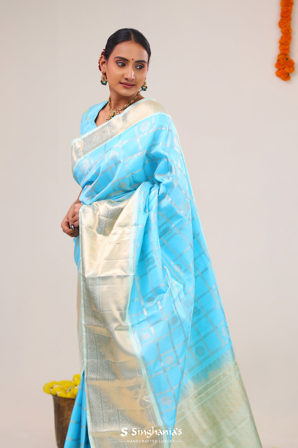 Electric Blue Checks-Mayil Kanjivaram Silk Saree