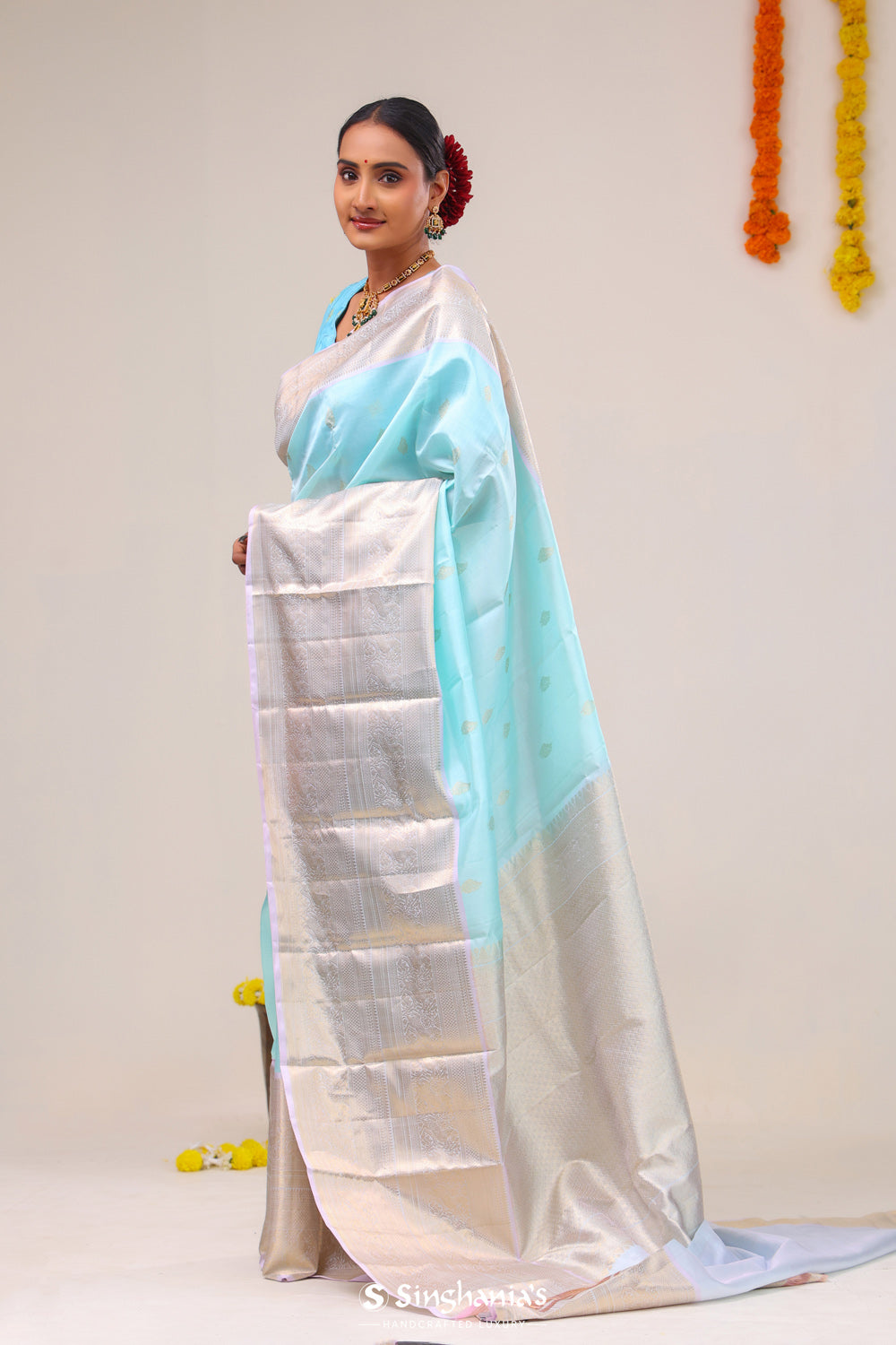 Electric Blue Butti Kanjivaram Silk Saree