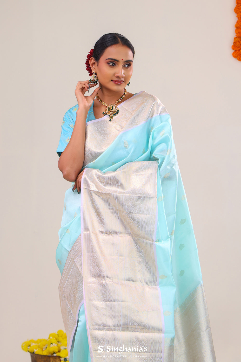 Electric Blue Butti Kanjivaram Silk Saree