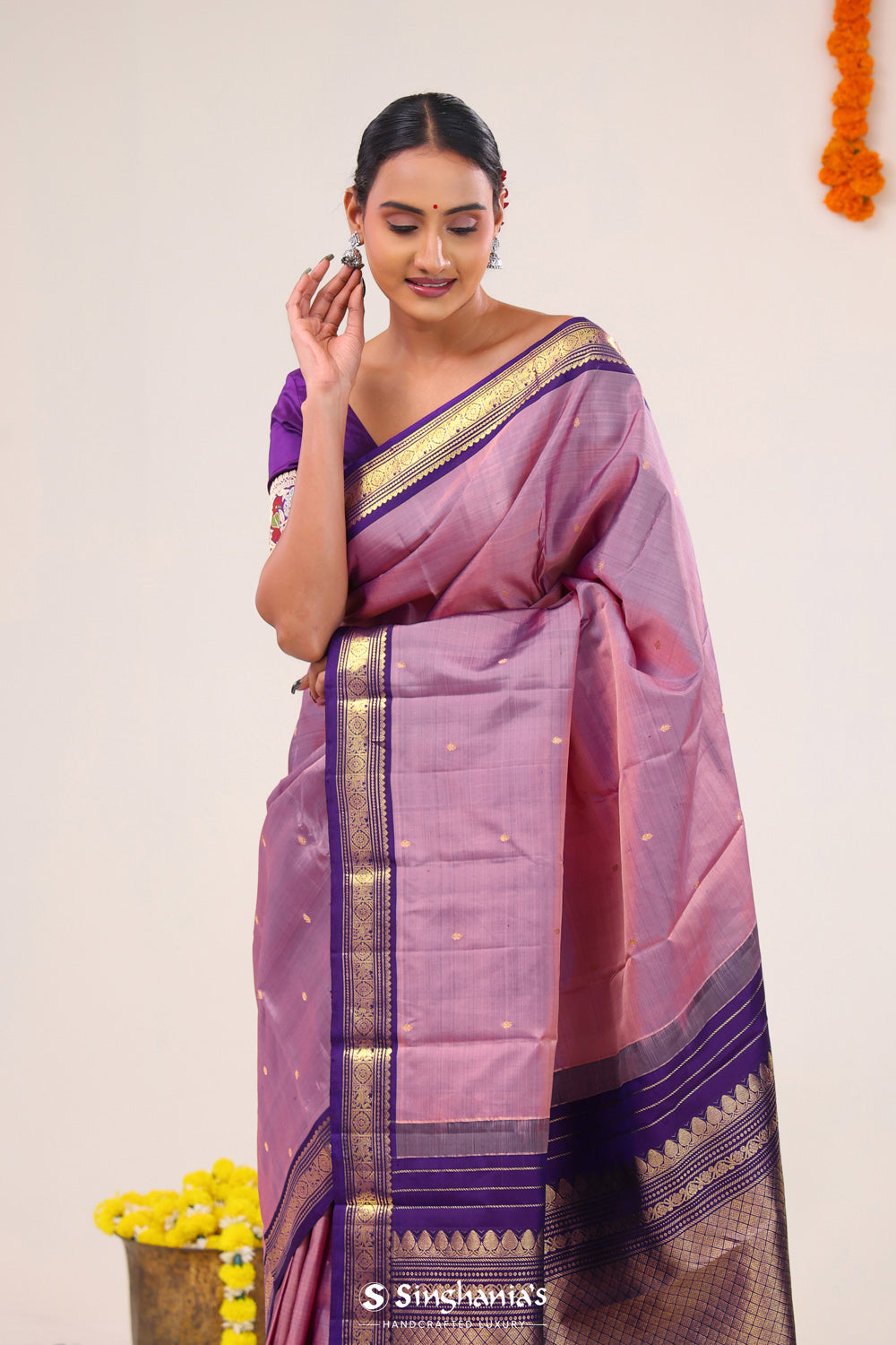 Pink Purple Butti Kanjivaram Silk Saree