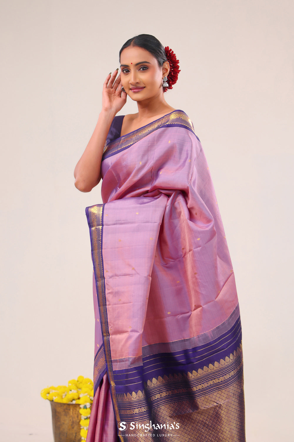 Pink Purple Butti Kanjivaram Silk Saree