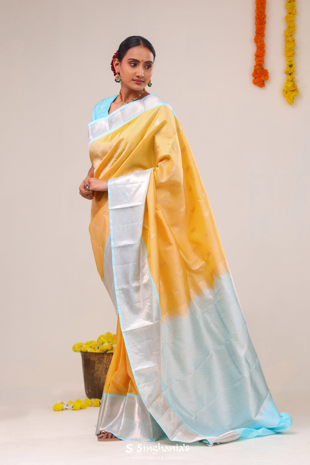 Yellow Peach Kanjivaram Silk Saree