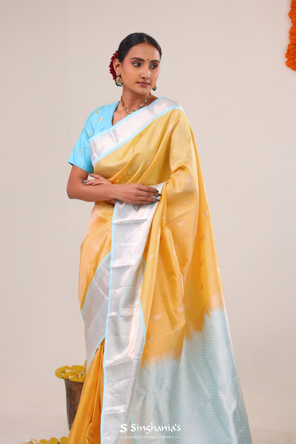 Yellow Peach Kanjivaram Silk Saree