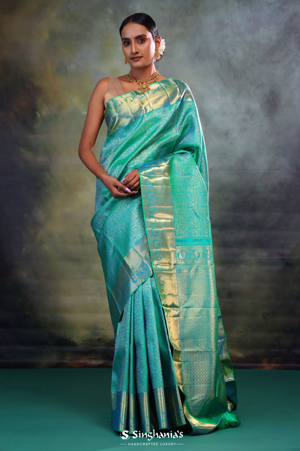 Dolphins Aqua Jalli Kanjivaram Silk Saree