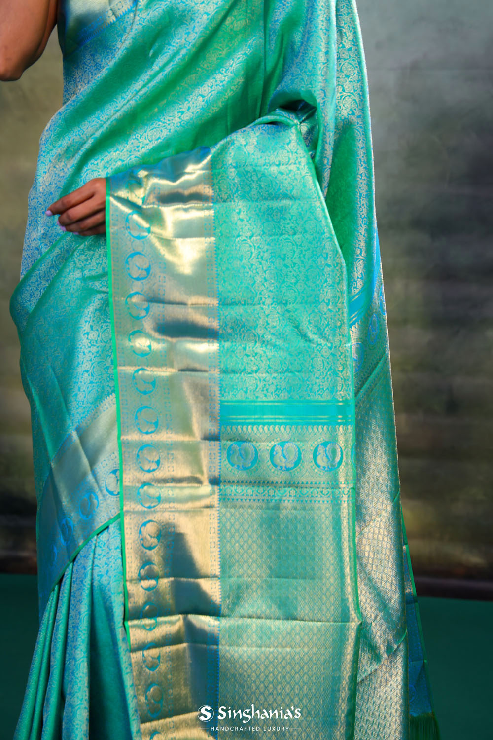 Dolphins Aqua Jalli Kanjivaram Silk Saree