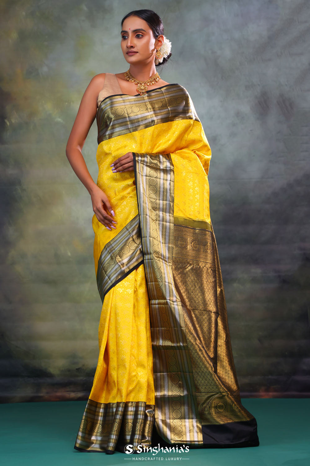 Gold Yellow Butti Kanjivaram Silk Saree