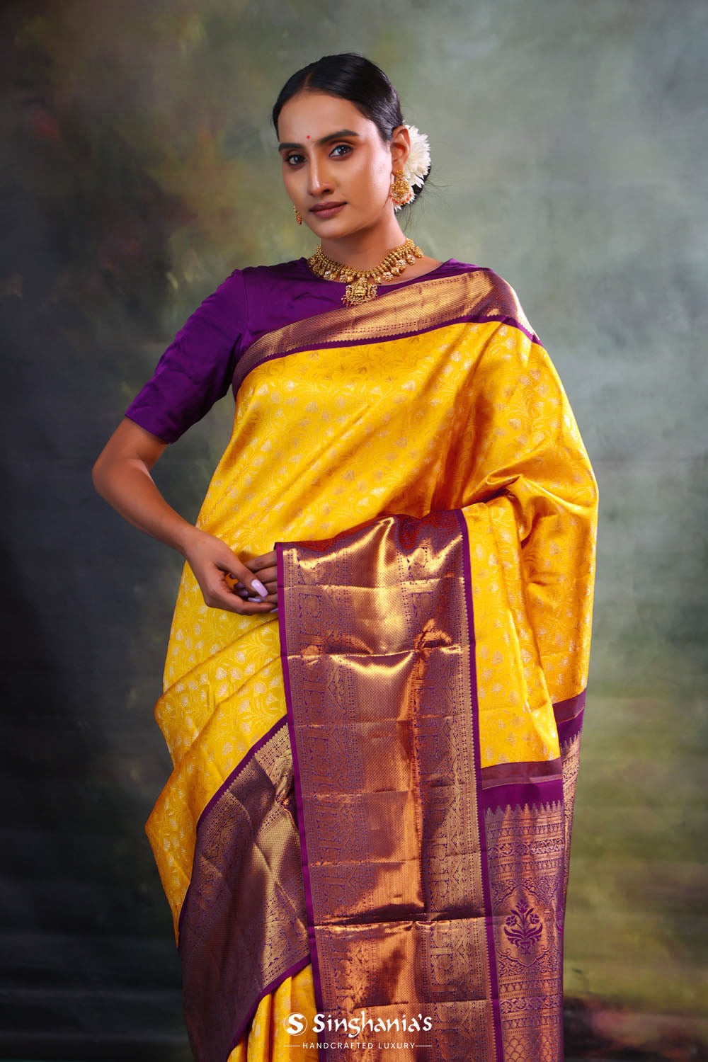 Yellow Gold Jaali Kanjivaram Silk Saree