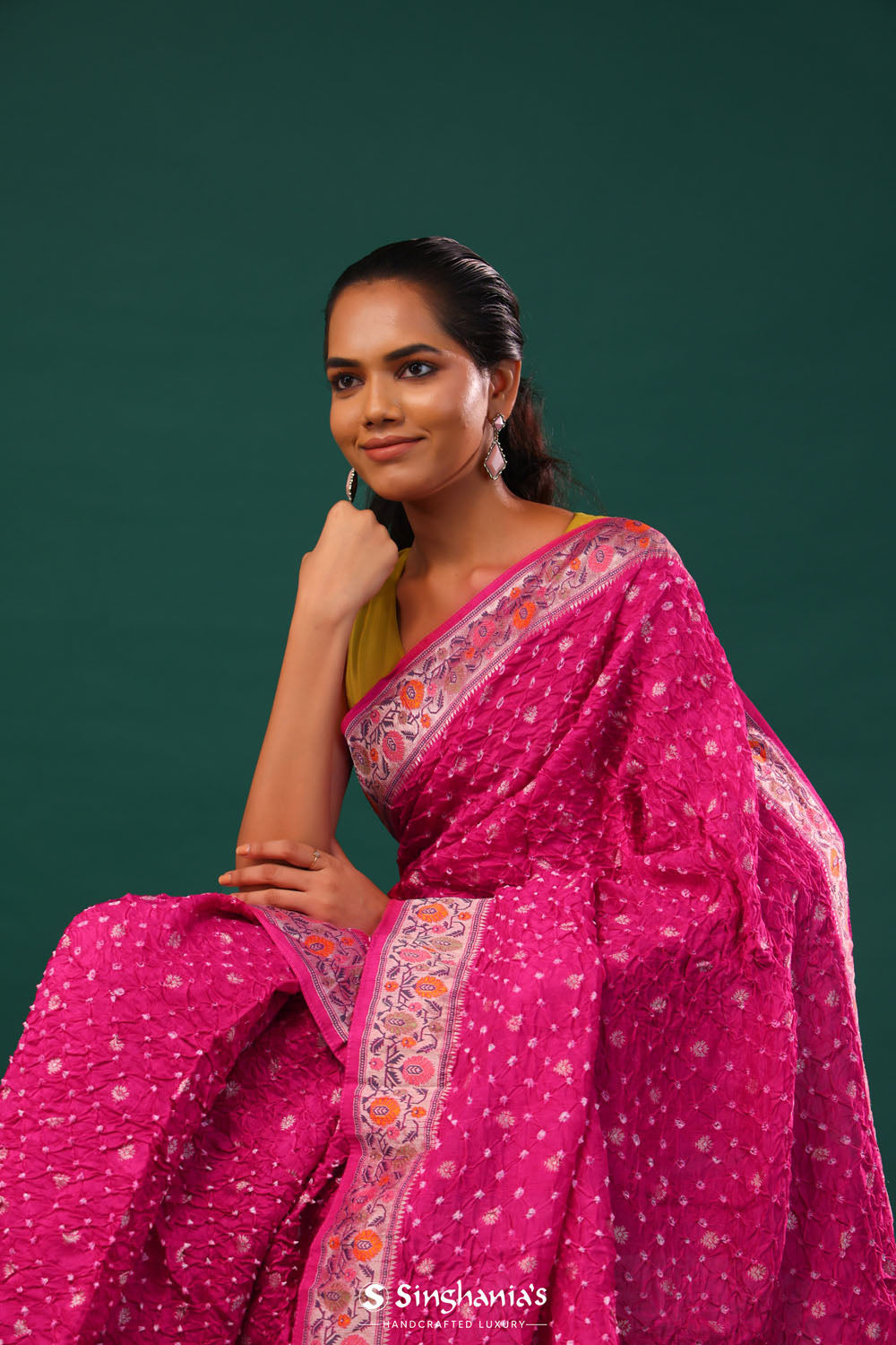 Deep Pink Bandhani Banarasi Silk Saree