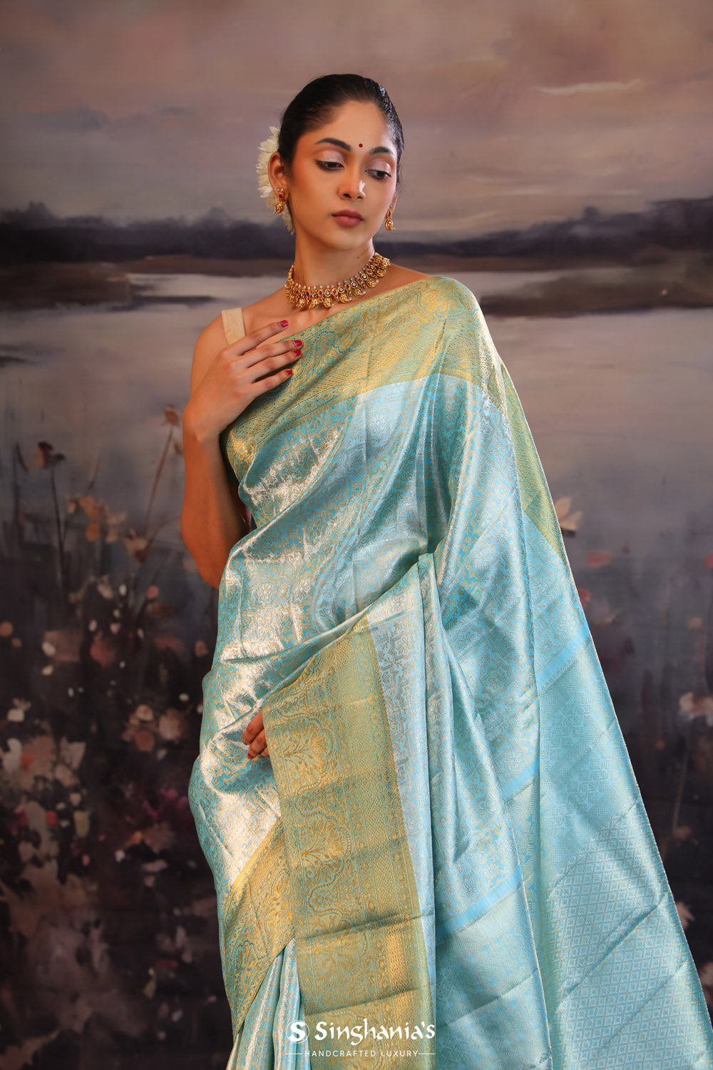 Madonna Blue Jaali Kanjivaram Silk Saree