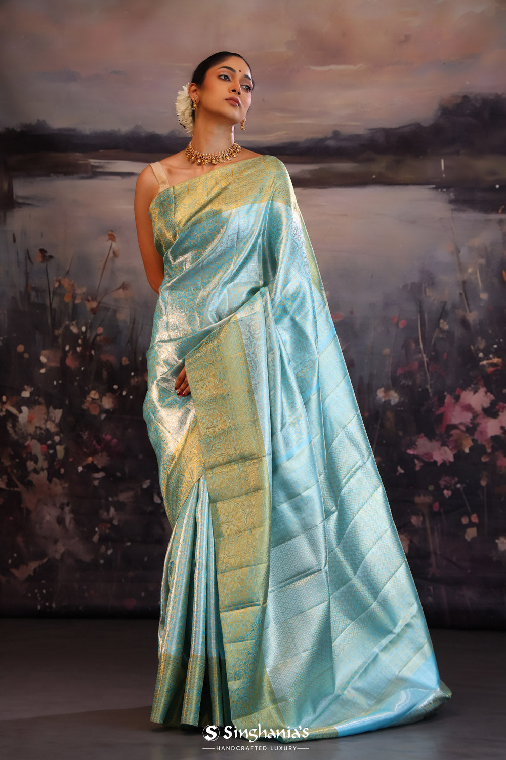 Madonna Blue Jaali Kanjivaram Silk Saree