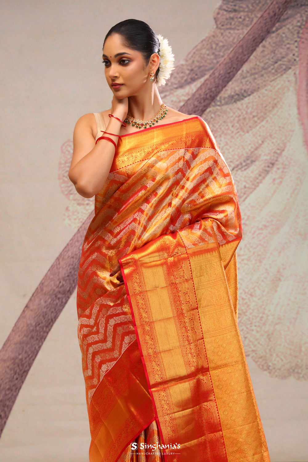 Gold Red Chevron Kanjivaram Silk Saree