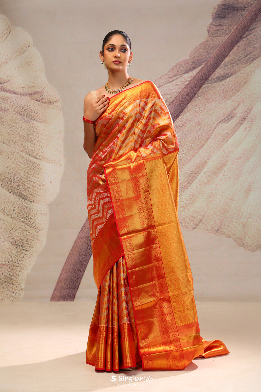 Gold Red Chevron Kanjivaram Silk Saree