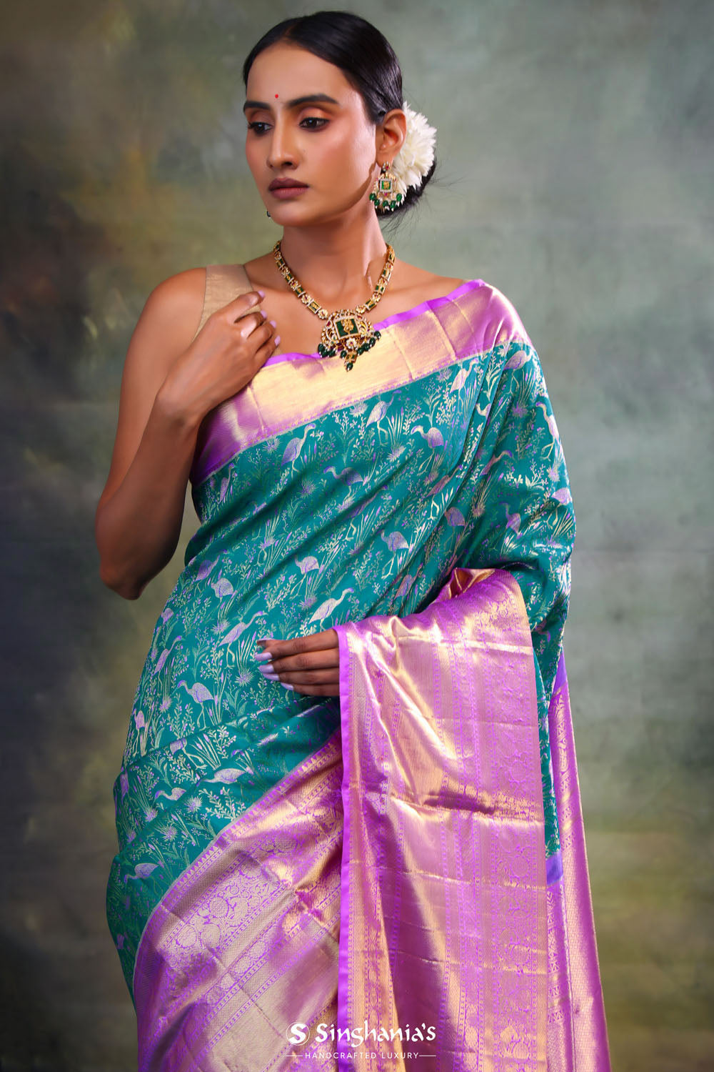 Blue Green Jaali Kanjivaram Silk Saree