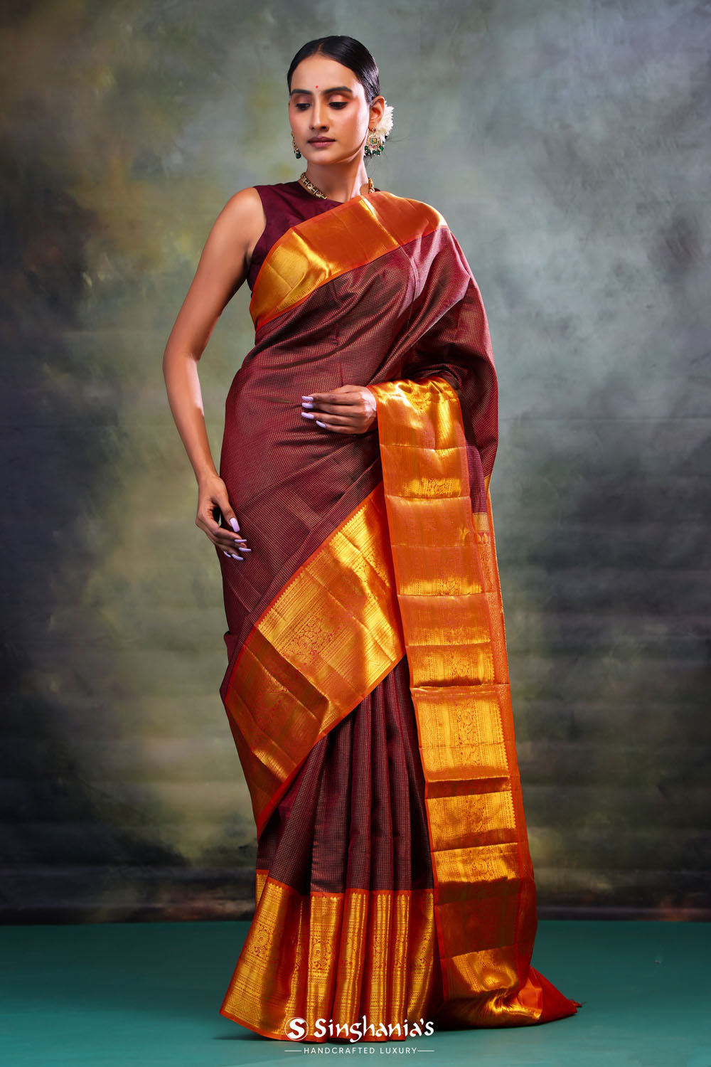 Wine Maroon Kanjivaram Silk Saree With Contrast Border