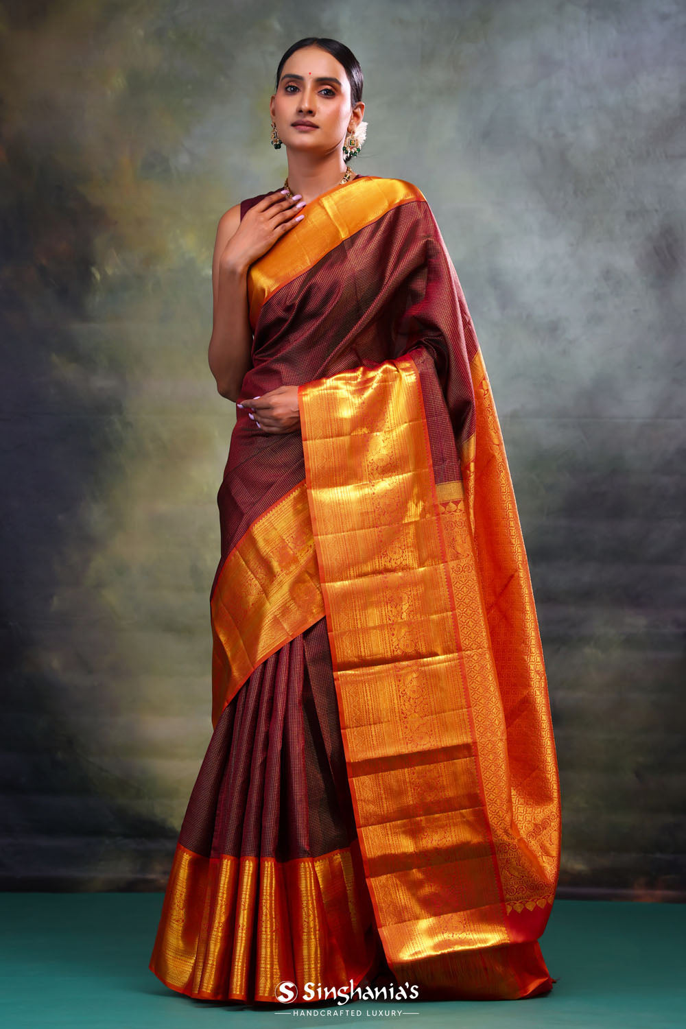 Wine Maroon Kanjivaram Silk Saree With Contrast Border