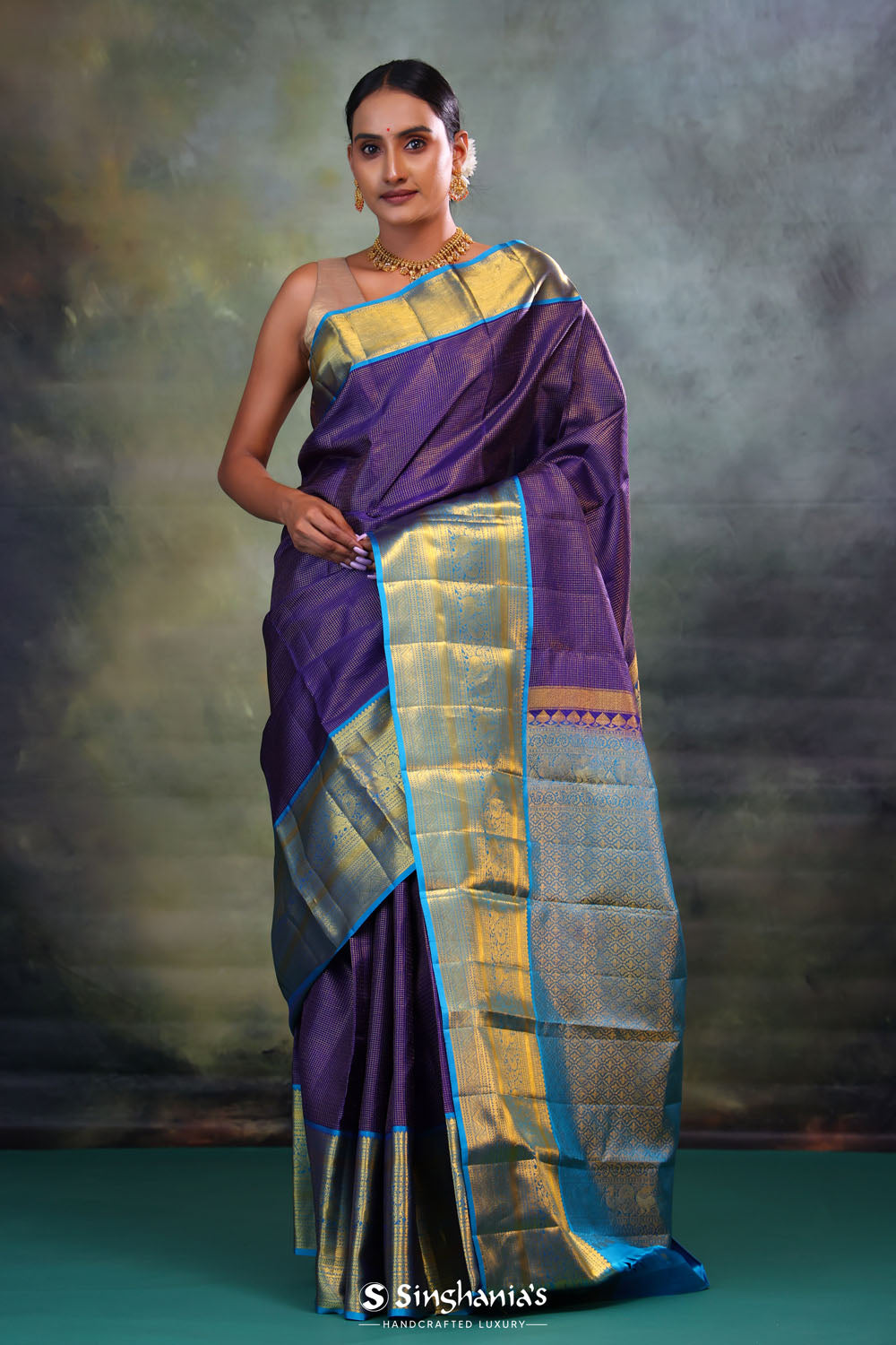 Lakers Purple Checks Kanjivaram Silk Saree