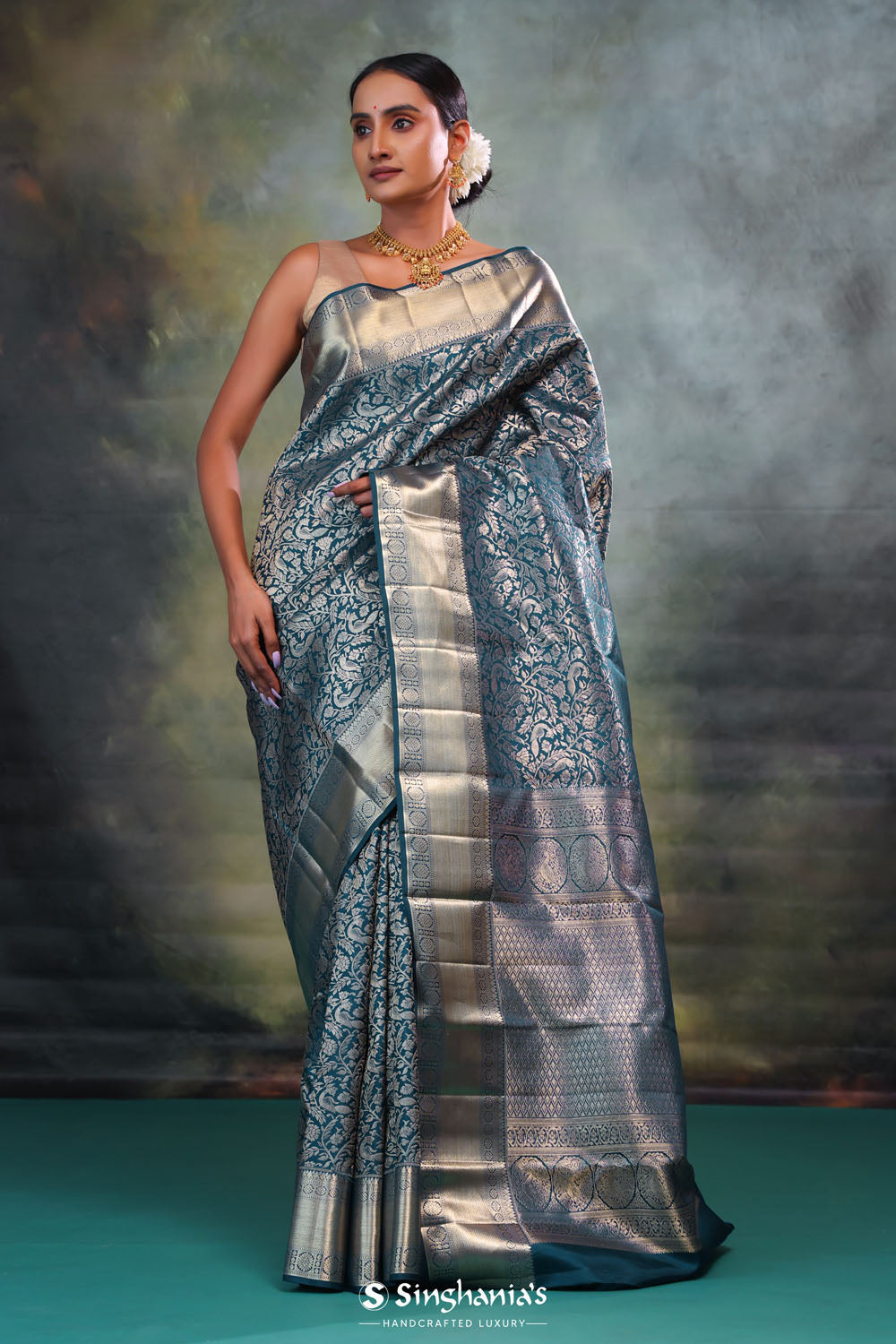 Ocean Blue Jaali Kanjivaram Silk Saree