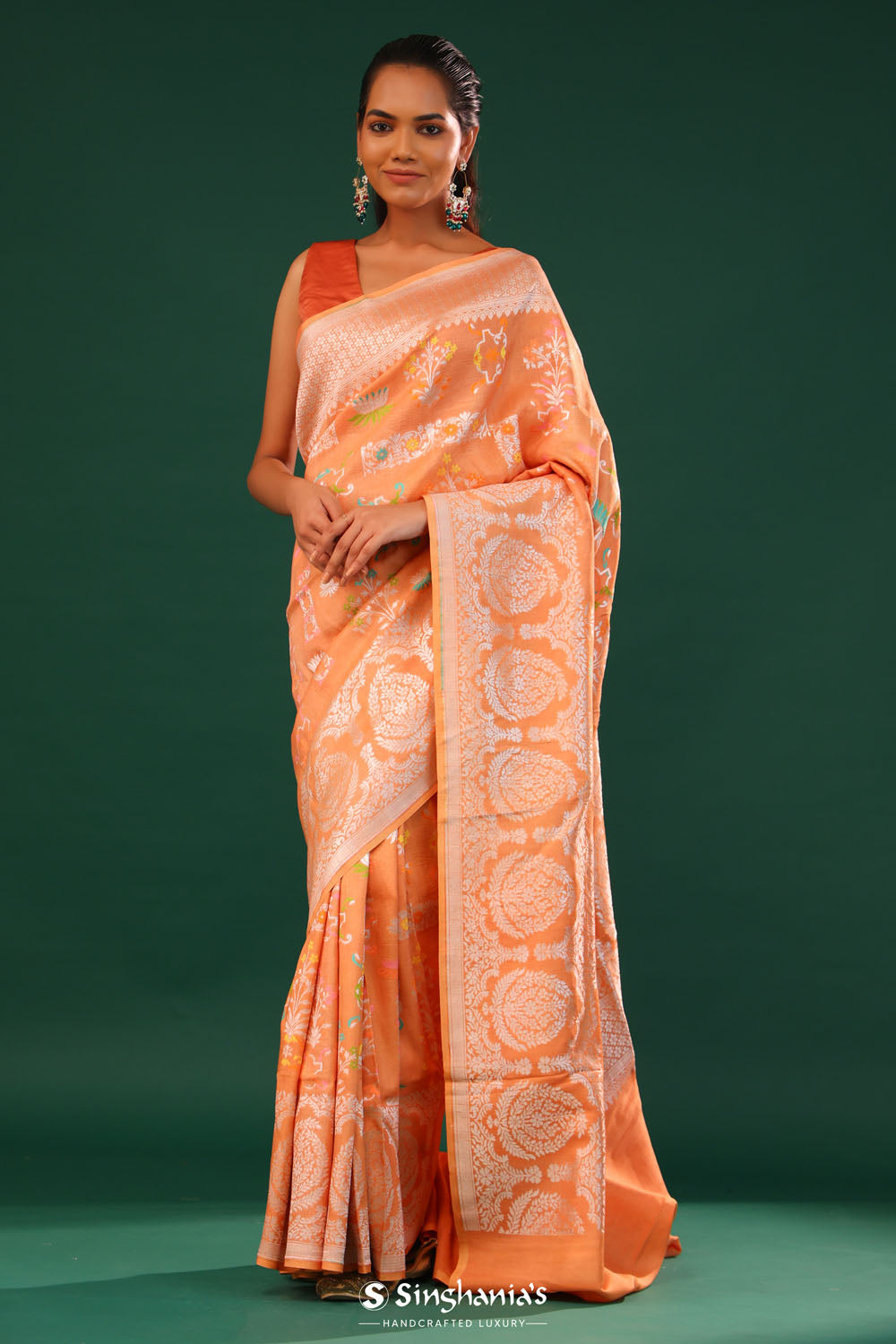 Light Salmon Banarasi Tussar Saree With Floral Jaal