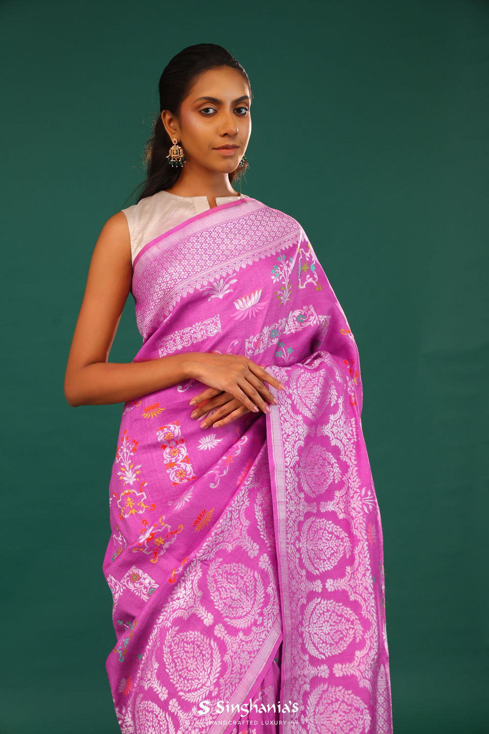 Super Pink Banarasi Tussar Saree With Floral Jaal