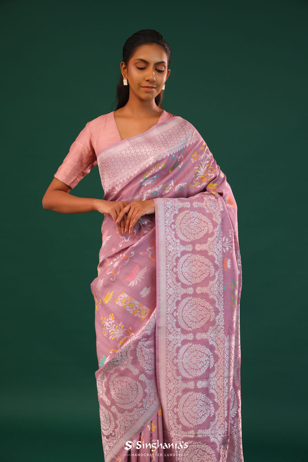 Puce Pink Banarasi Tussar Saree With Floral Jaal