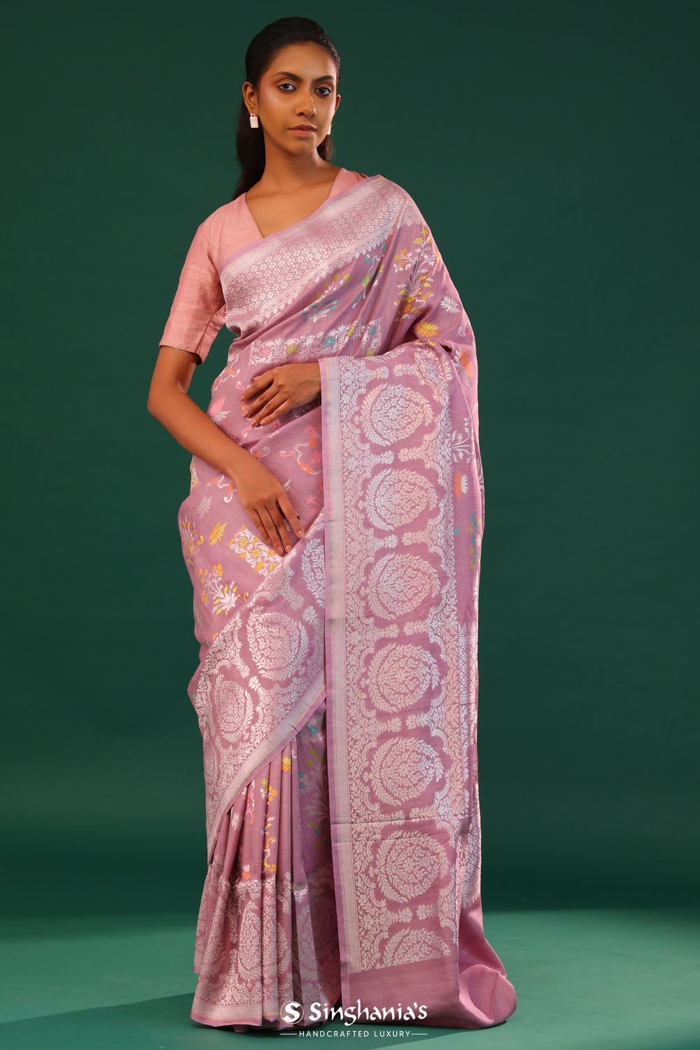 Puce Pink Banarasi Tussar Saree With Floral Jaal