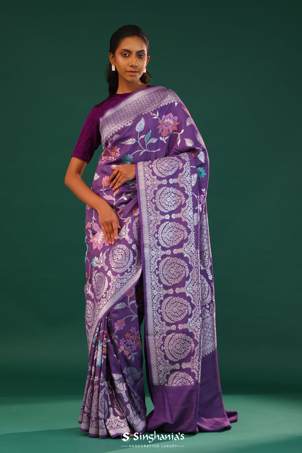 Seance Purple Banarasi Tussar Saree With Floral Jaal