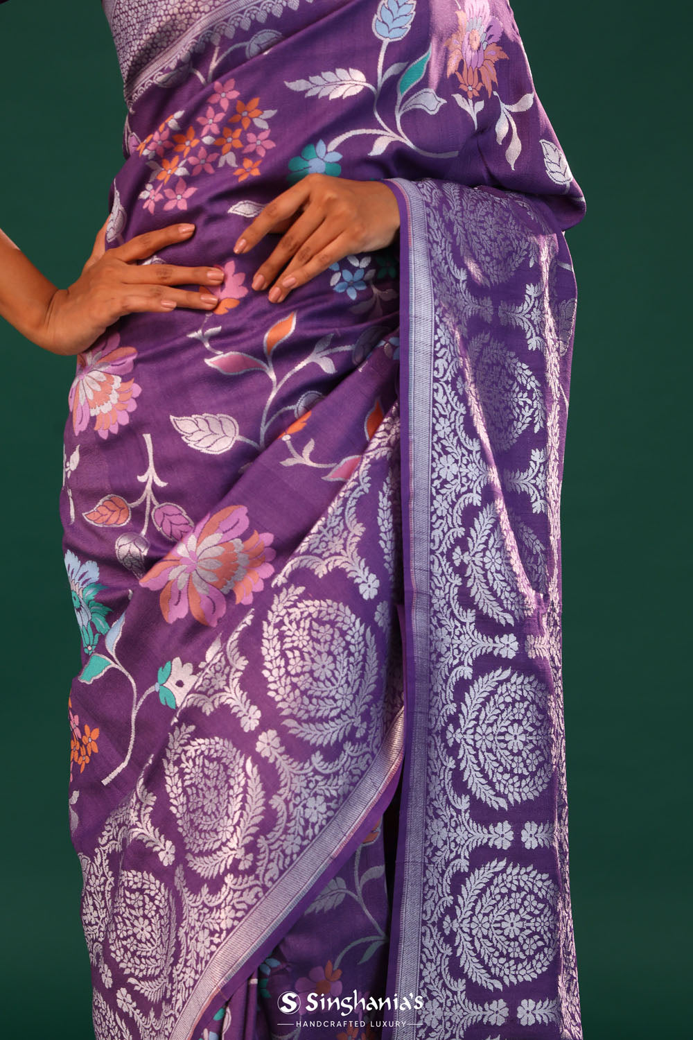 Seance Purple Banarasi Tussar Saree With Floral Jaal