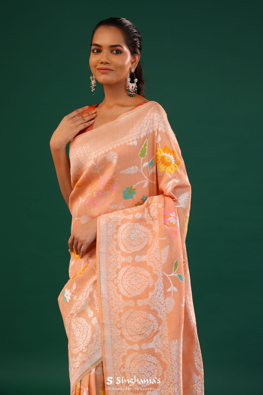 Deep Peach Banarasi Tussar Saree With Floral Jaal