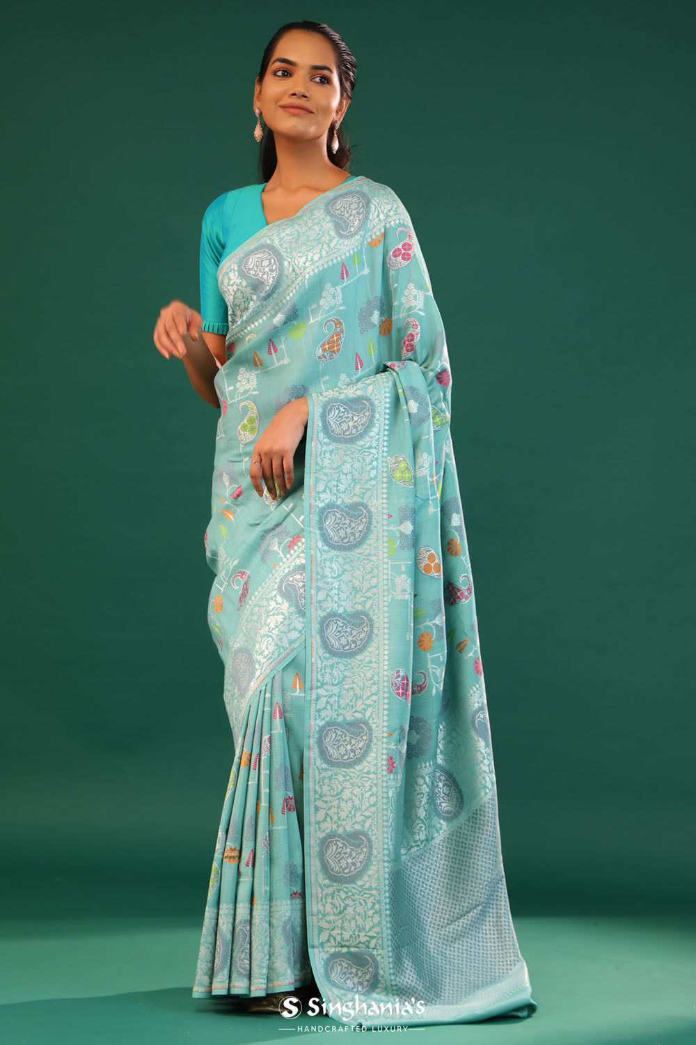 Medium Turquoise Banarasi Tussar Saree With Floral Jaal