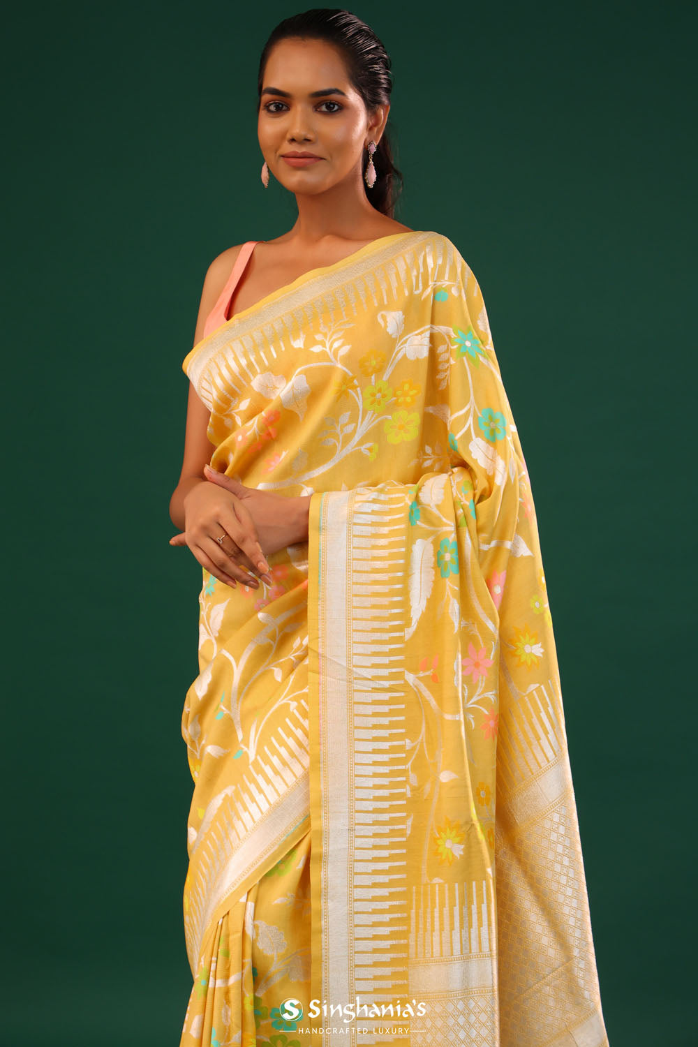 Tangarine Yellow Banarasi Tussar Saree With Floral Jaal