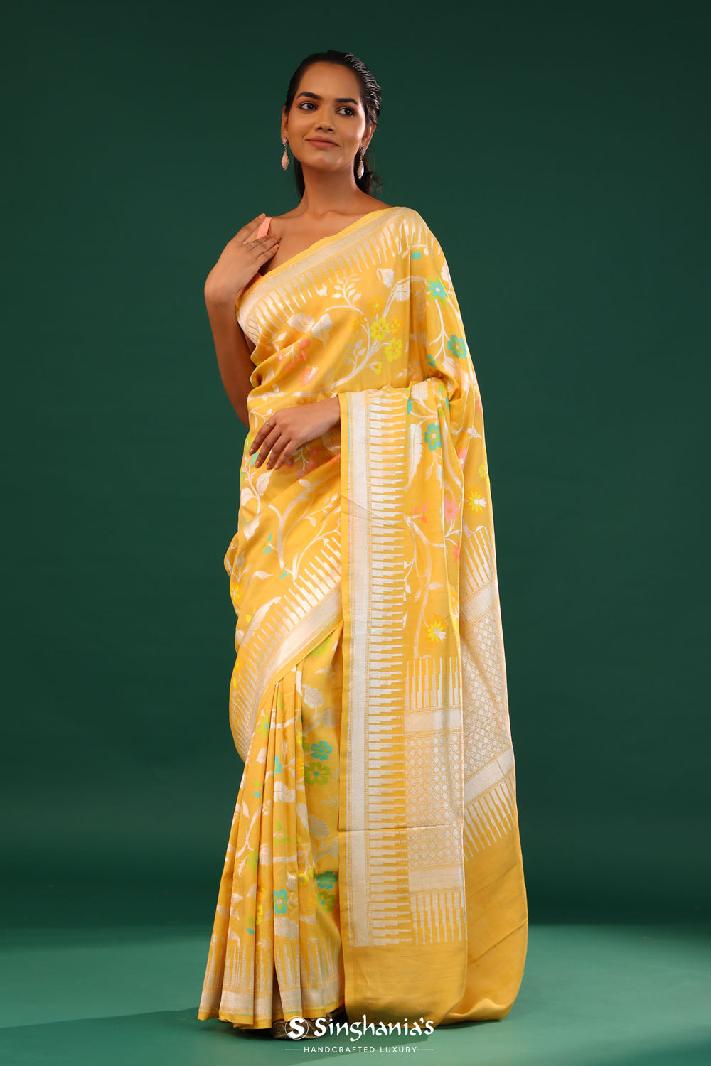 Tangarine Yellow Banarasi Tussar Saree With Floral Jaal