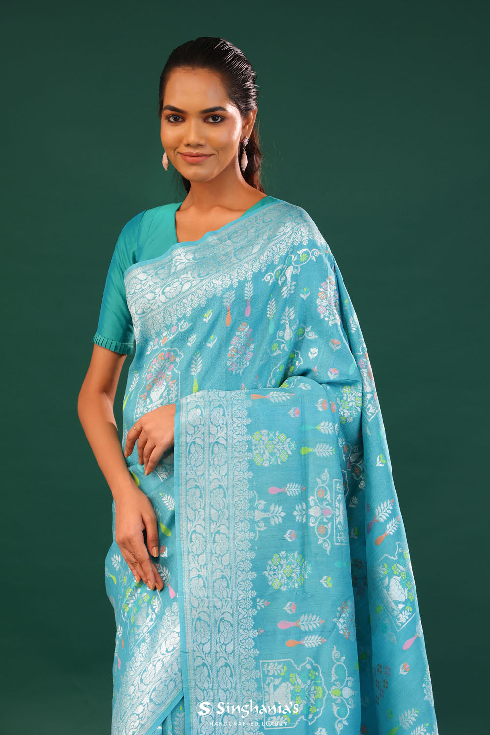 Turkish Blue Banarasi Tussar Saree With Floral Jaal