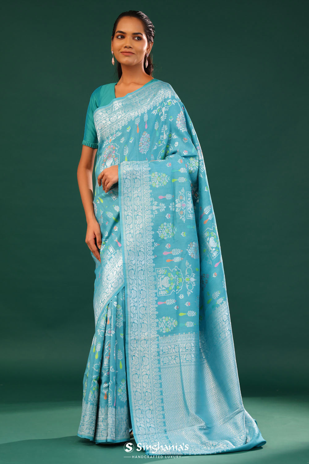 Turkish Blue Banarasi Tussar Saree With Floral Jaal