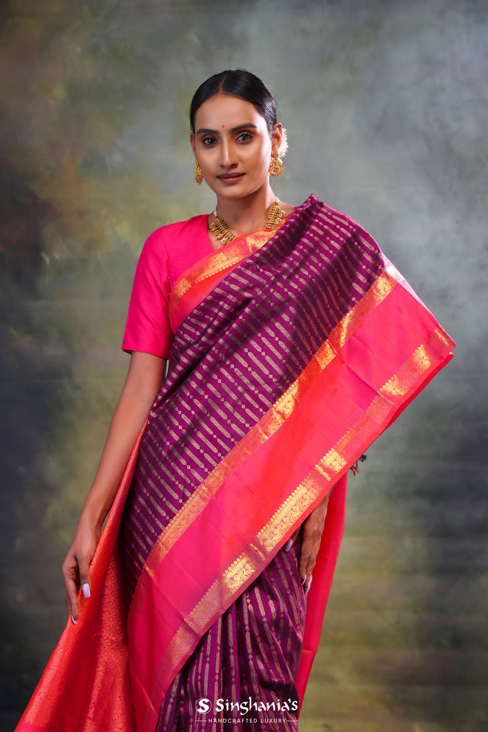 Deep Purple Stripe Kanjivaram Silk Saree