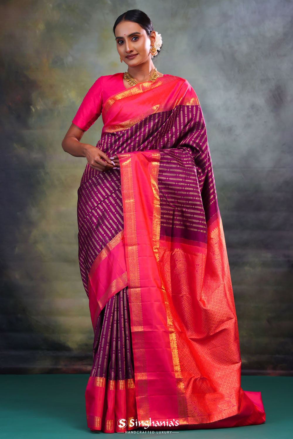 Deep Purple Stripe Kanjivaram Silk Saree