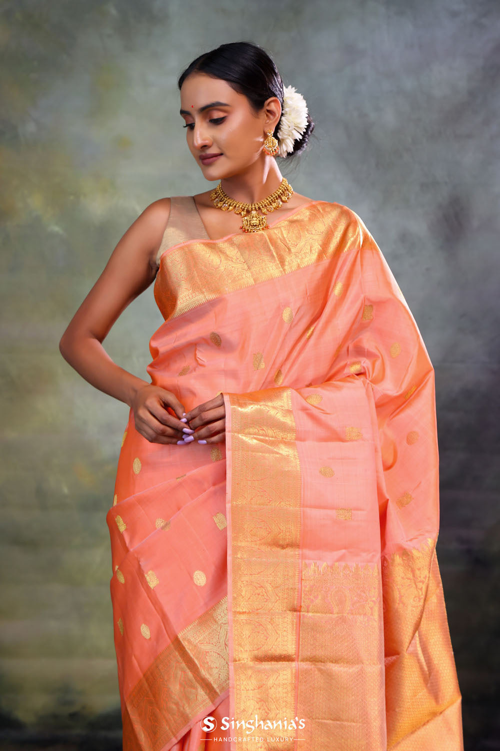 Bright Peach Butti Kanjivaram Silk Saree