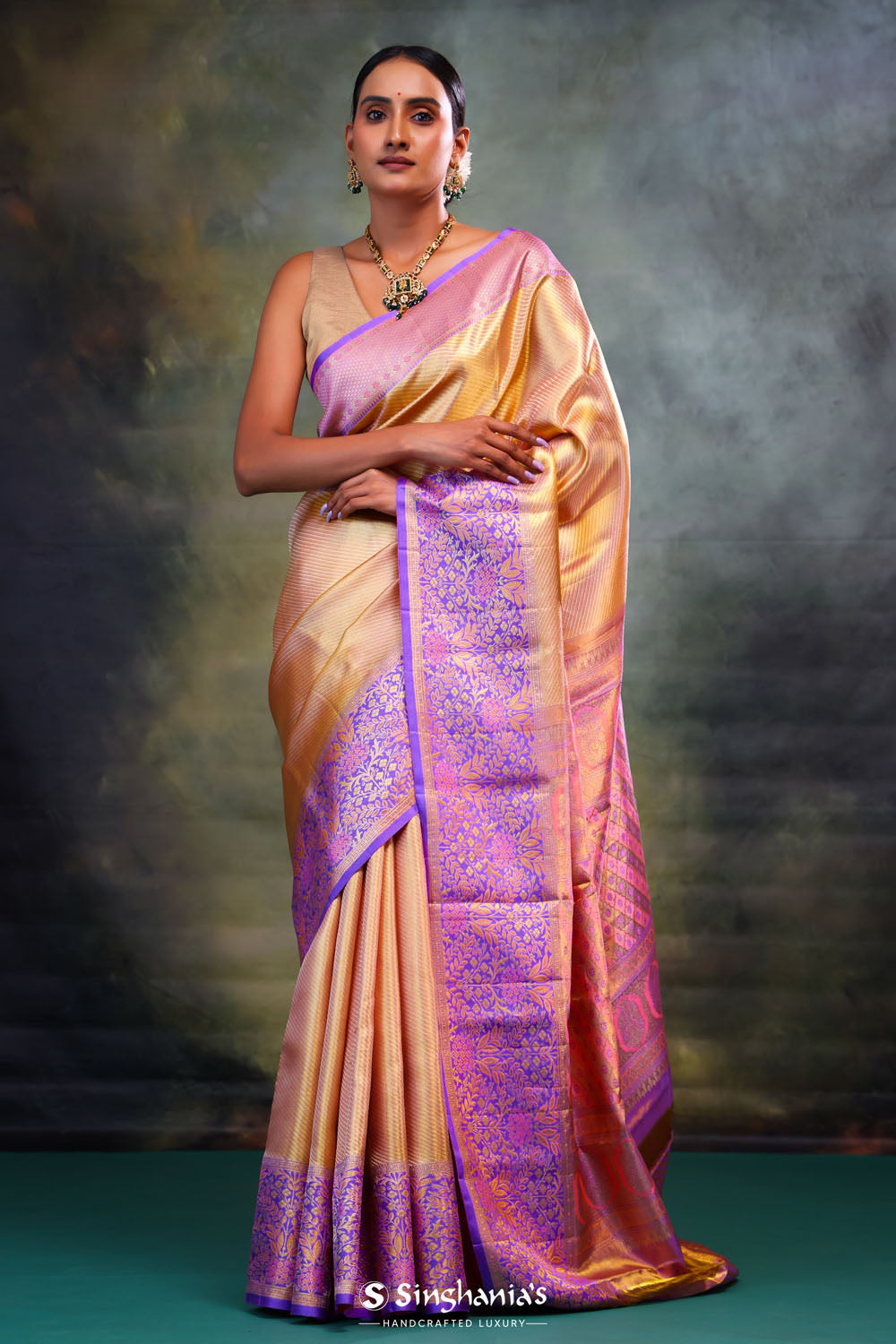 Orange Gold Stripe Kanjivaram Silk Saree