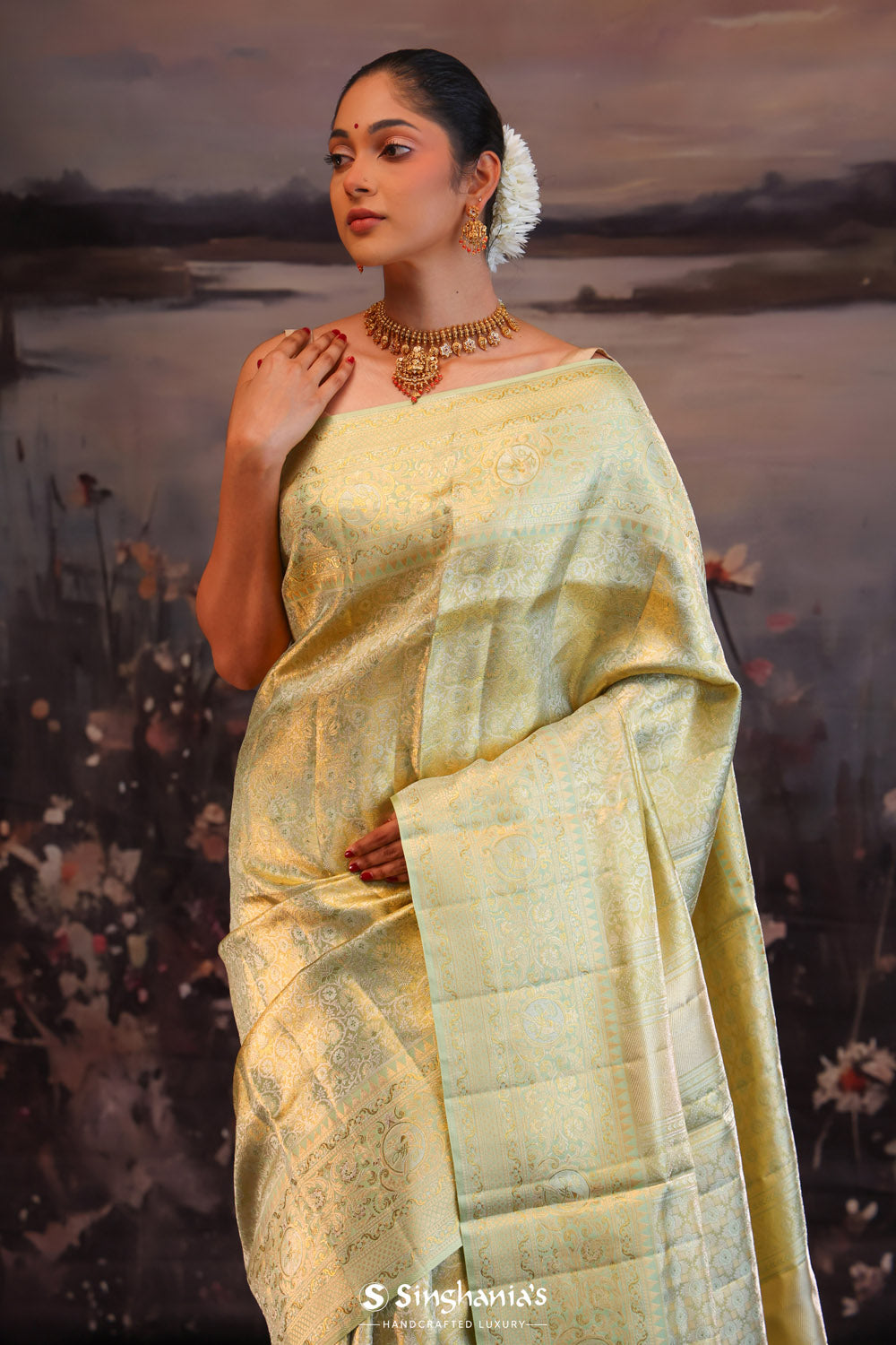 Diaquiri Green Floral Kanjivaram Silk Saree