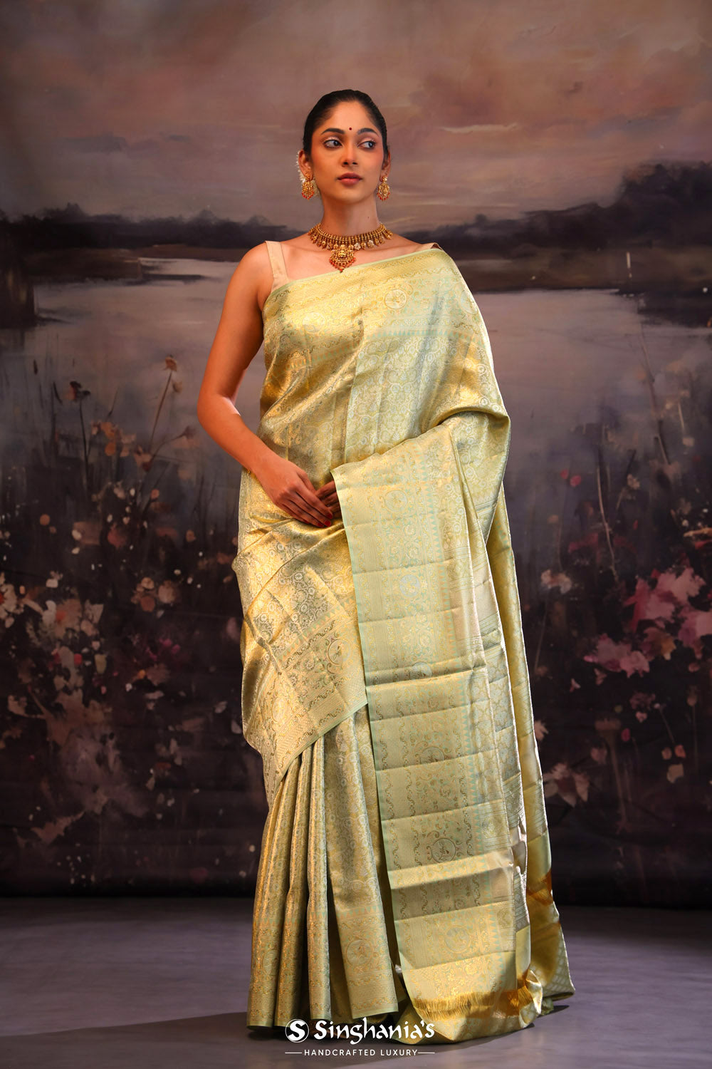 Diaquiri Green Floral Kanjivaram Silk Saree