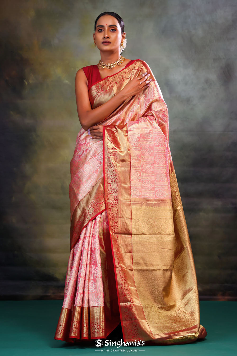 Pinkish Gold Jaali Kanjivaram Silk Saree