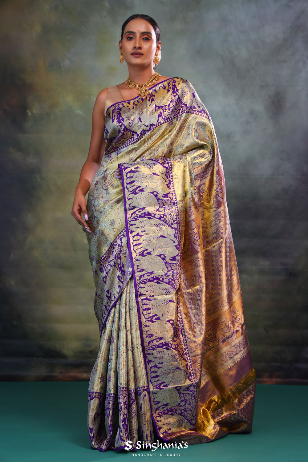 Jalli Kanjivaram Silk Saree In Blue Gold