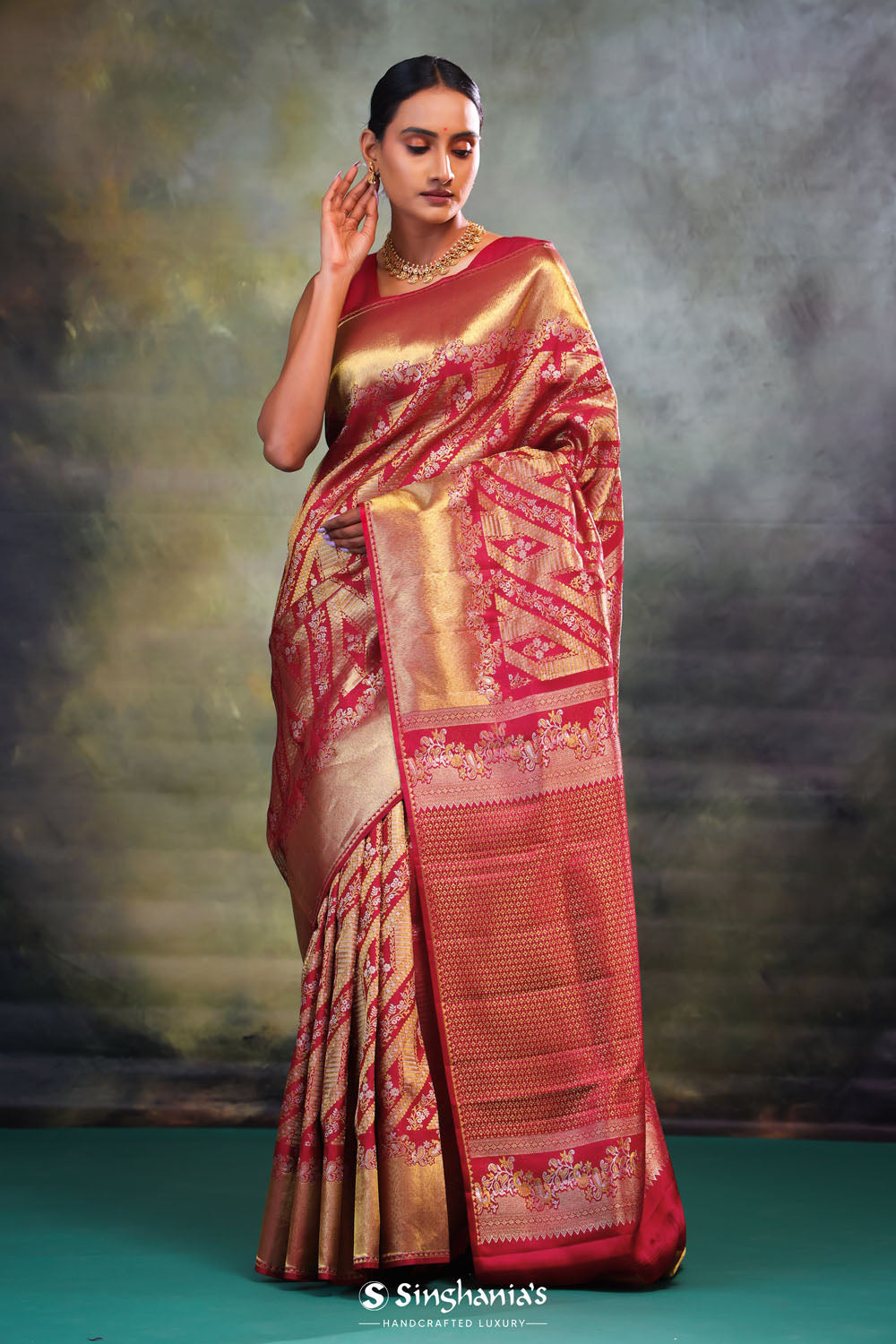 Cerise Red Jaali Kanjivaram Silk Saree