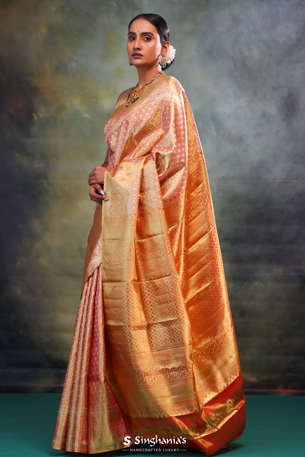 Jalli Kanjivaram Silk Saree In Blushing Peach